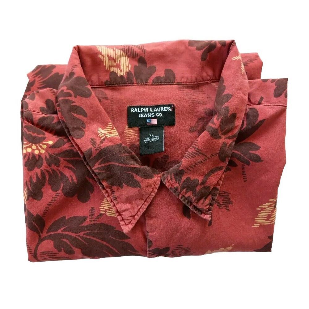Ralph Lauren Jeans Co. Men's XL Long-sleeved Buttons Floral Chambray  Red Shirt